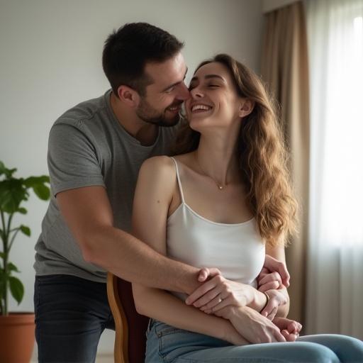 A couple is enjoying a playful moment in their room. They are dressed casually. The man is securing the woman's hands behind a chair. The woman looks happy and relaxed, smiling.