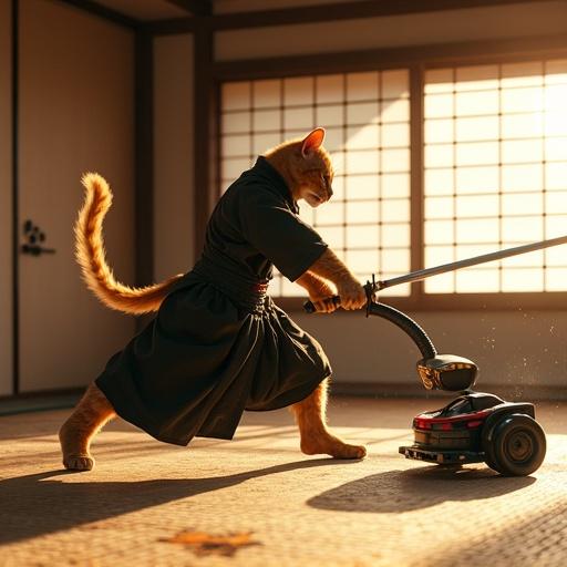 A hyper-detailed side-profile of a ginger cat in a black ninja headband mid-katana swing. Front paws gripping katana; back legs coiled. Cat's fur bristles in sunlight. Slit-pupil eyes focused on a scared robot vacuum. Vacuum's sensors panic and dust compartment bursts. Background features authentic Edo-period dojo with tatami mats and shoji screens. Atmospheric light creates floating dust motes.