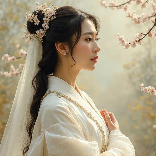 A beautiful young Asian woman clothed in white as a traditional princess standing gracefully in a floral setting