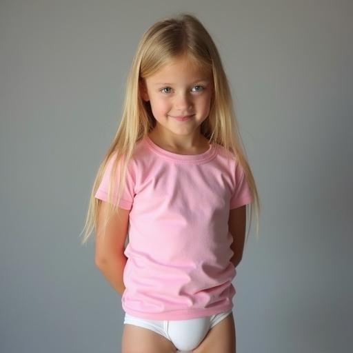 Image of a seven-year-old girl posing. She has long blonde hair and wears a pink fitted t-shirt with white underwear. Background is soft gray. Lighting appears inviting. She stands sideways and looks down.