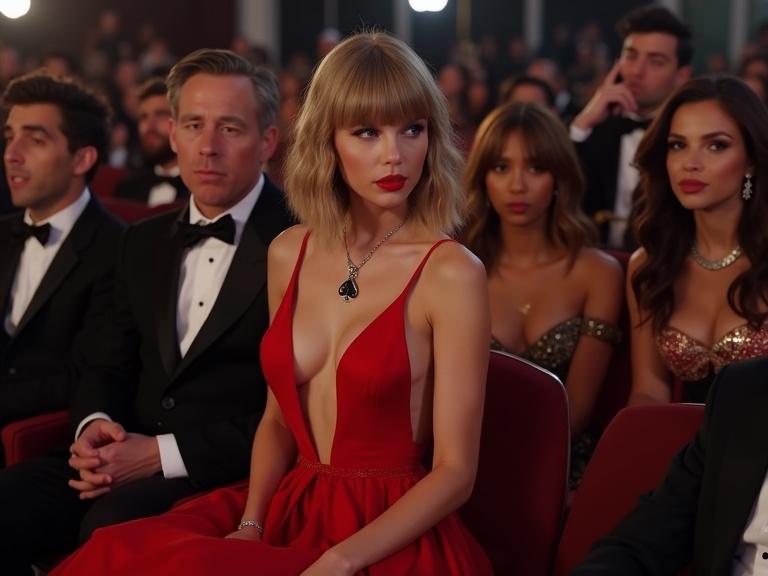 Photorealistic image of a young woman in a red dress at an awards show. She is in the front row. The scene captures her shocked reaction as a male figure shows her an image on a phone. The setting conveys high fashion and celebrity excitement.