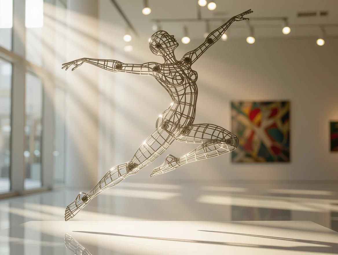A wire mesh sculpture of a human figure in mid-air. The figure is in a leaping pose with arms outstretched. It is elongated and graceful. The wire material is transparent with light reflecting off its surface. In the background, there are hints of a modern art gallery. The lighting is dramatic with strong highlights and shadows. The wires are loose with visible endings for a spontaneous look.