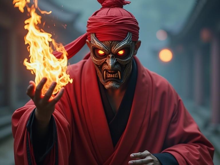 A male character wears a red headscarf and a Chinese lianpu mask covering his face. He has long fangs and big, evil eyes. He is dressed in a robe and has a hand surrounded by evil energy. He holds a talisman paper. The background has incense and smoke in a mysterious outdoor setting at night. The character stands close to the lens in an action pose while performing a Nuo dance. The scene has an atmospheric perspective and is illuminated dramatically.