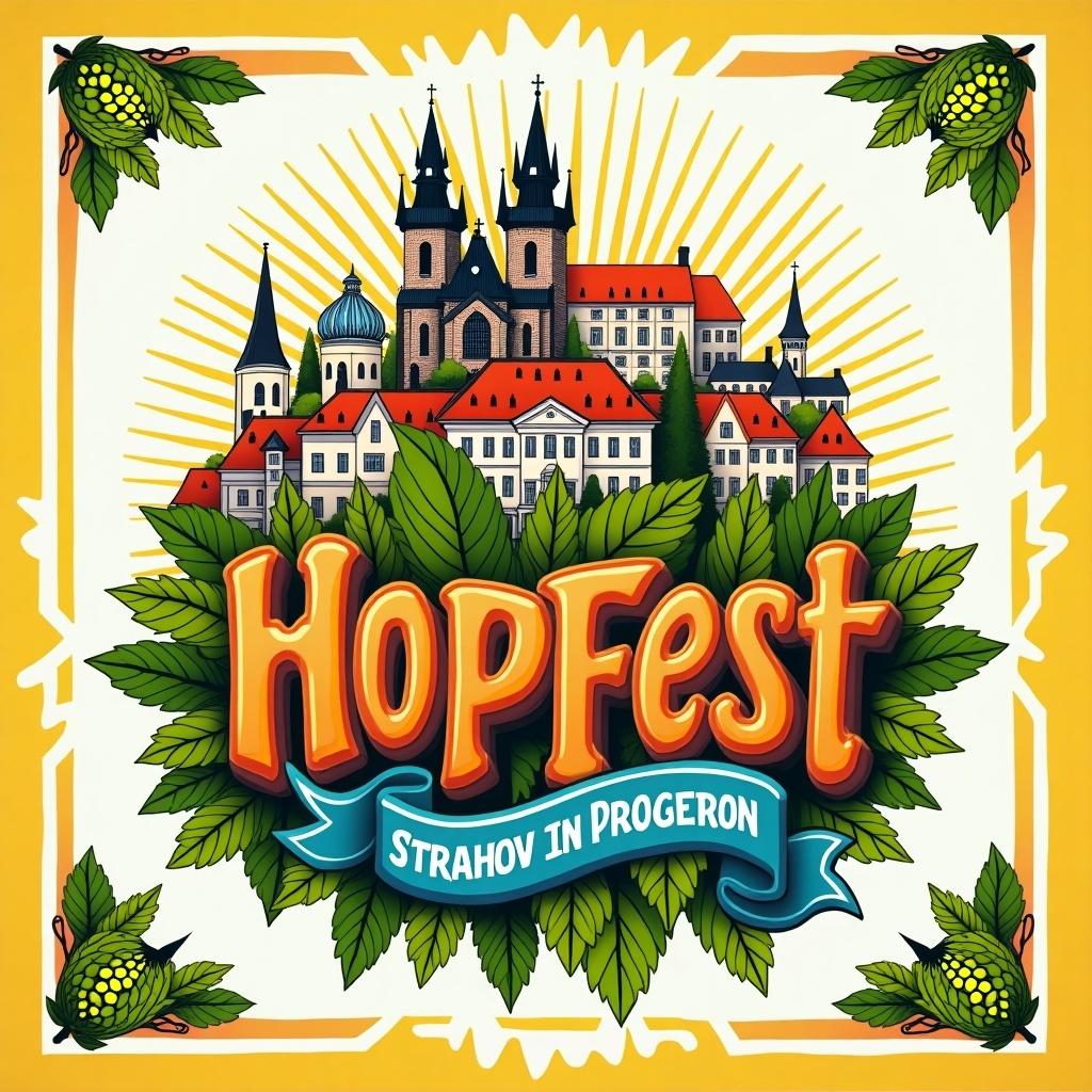 Design a ticket for the festival named HopFest. Location is Strahov Stadion in Prague. Colorful illustration featuring beer hops and Prague's skyline. Title prominently displayed with festive elements.