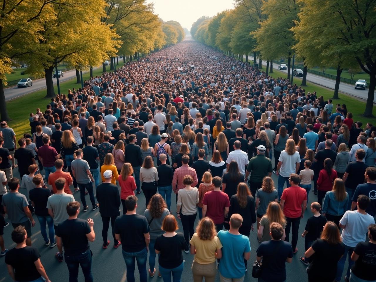 This image captures an aerial view of a large crowd gathering together for a demonstration walk. The atmosphere is filled with determination as people unite, showcasing a powerful message: "Lives NOT Knives." The road is flanked by trees, adding to the scene's vibrancy. The image reflects the unity and commitment of individuals ready to make a change. It inspires a sense of hope and solidarity among viewers, making it impactful for activism efforts.