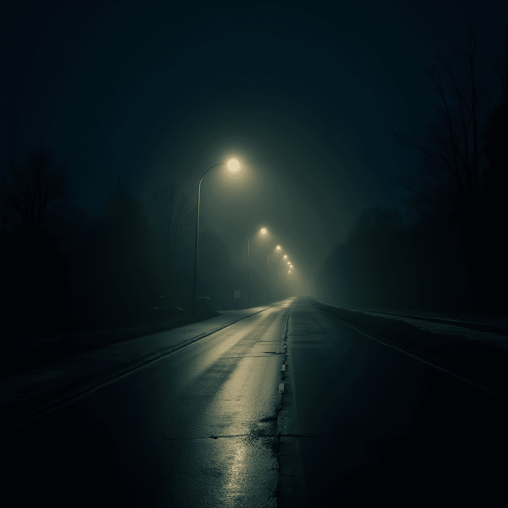 A foggy road illuminated by street lamps on a dark, misty night.