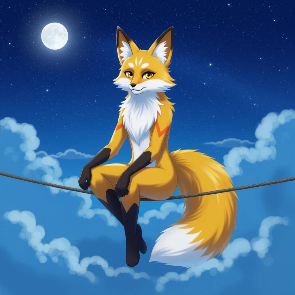 Humanoid fox-like creature with golden-yellow fur sitting gracefully on a tightrope. Deep blue night sky visible with soft clouds drifting below. Large pointed ears and long fluffy tail present on the character. Calm and contemplative expression and gently illuminated by moonlight.