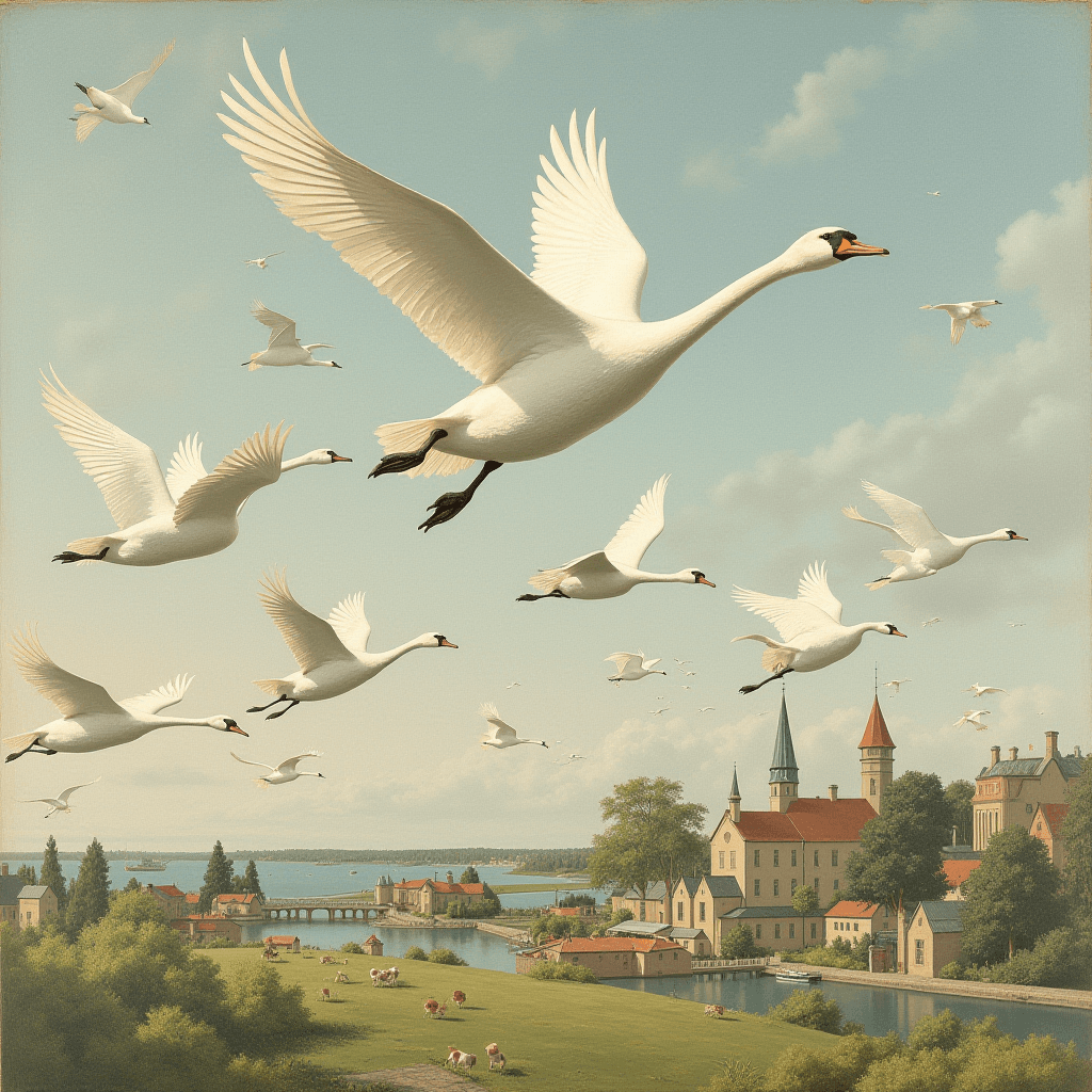 A flock of white swans gracefully flies over a peaceful village by a river, with lush greenery and distant hills.