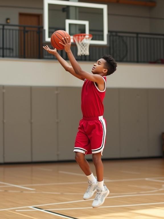 High-quality photo of a boy in red basketball uniform shooting a basketball in mid-air on a court.