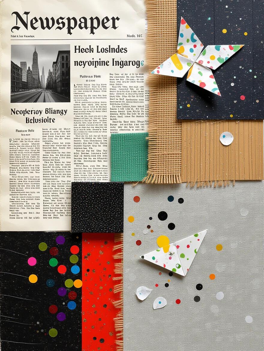 Collage composed of newspaper jute wood sand and confetti. Textured materials create depth and surface feel. Areas of scratches and tears reflect mixed media techniques. Origami butterflies and colorful dots add vibrancy. Evocative and magical with stunning composition. Uses thick impasto for richness. High resolution for clarity.