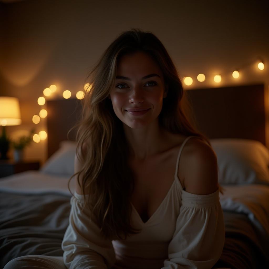 Woman with long hair sits in her bedroom wearing night clothes.