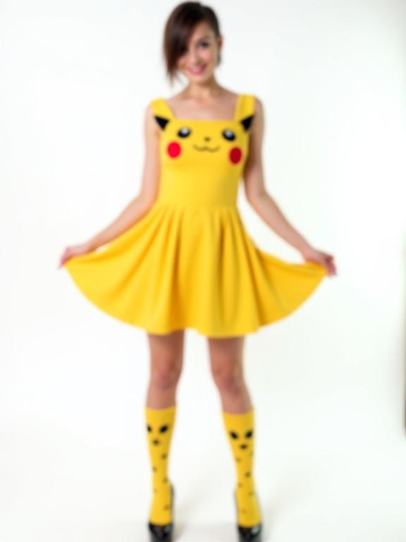 Photograph of a woman standing at eye-level. Woman wears a yellow dress and knee-high socks. Dress and socks designed to look like Pikachu. Dress has Pikachu face with red cheeks. Straps double as black-tipped ears. Pleated skirt has small black polka dots. Knee-high socks feature Pikachu faces. Woman has dark brown mohawk hairstyle. She smiles at the camera. Holds skirt out to sides. Wears black high-heeled shoes. Background is completely white. Lighting is even and artificial. No visible shadows. Composition follows rule of thirds. Woman's face and torso on upper third. High aesthetic quality. Sharp details and vibrant colors. Symmetry in Pikachu design. Leading lines from pleated skirt draw attention. Pose is confident and playful. Whimsical and cosplay-inspired style. Woman occupies most of the frame. Focus is sharp throughout.