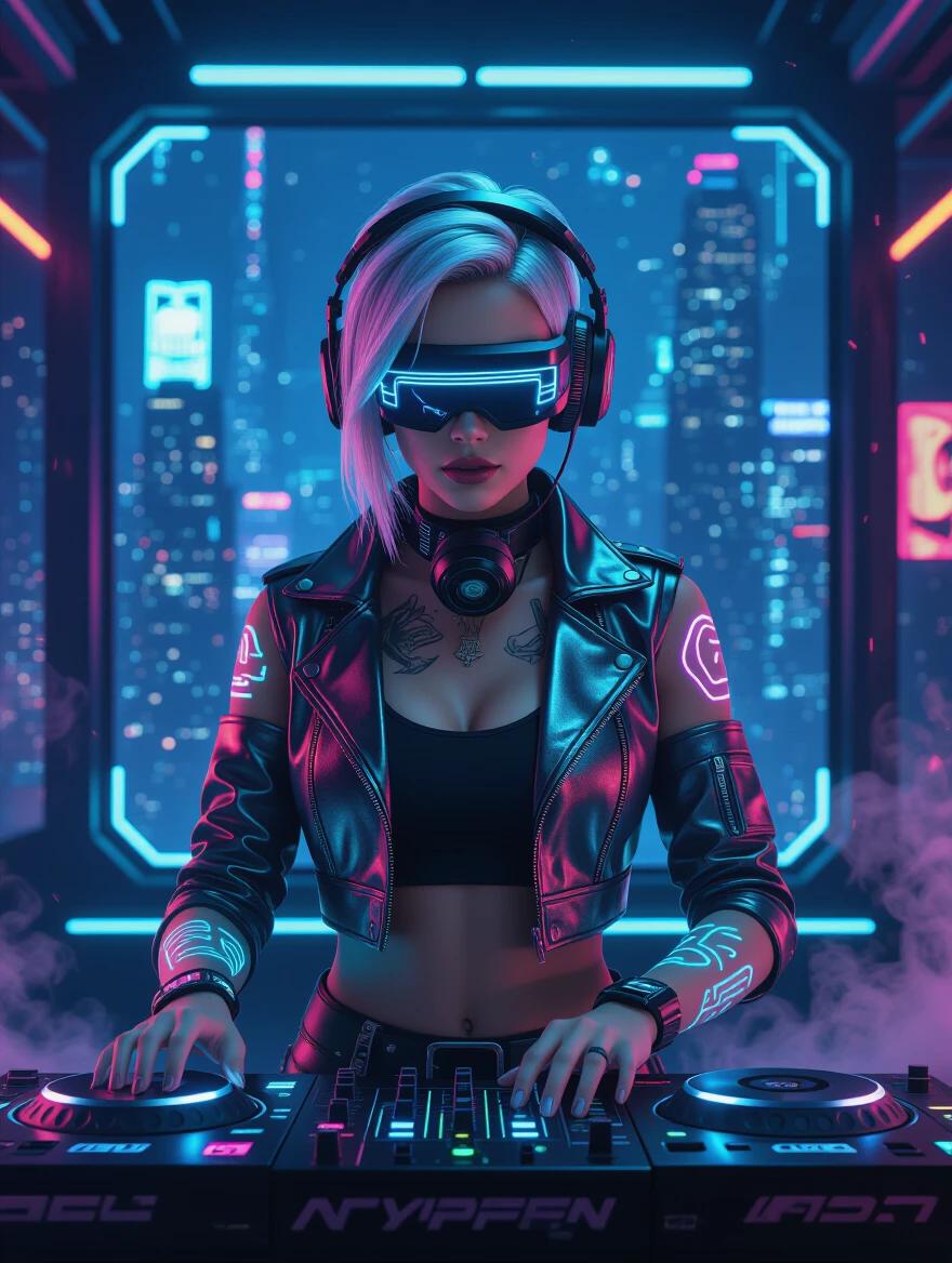 Futuristic DJ stands in a cyberpunk club. Neon tattoos glow on arms. Short silver hair with LED streaks. Wears a high-tech visor and metallic cropped jacket. Holographic DJ console pulses to music. Large glass panels showcase glowing cityscapes. Scene filled with vapor and laser lights. Atmosphere is moody and energetic.