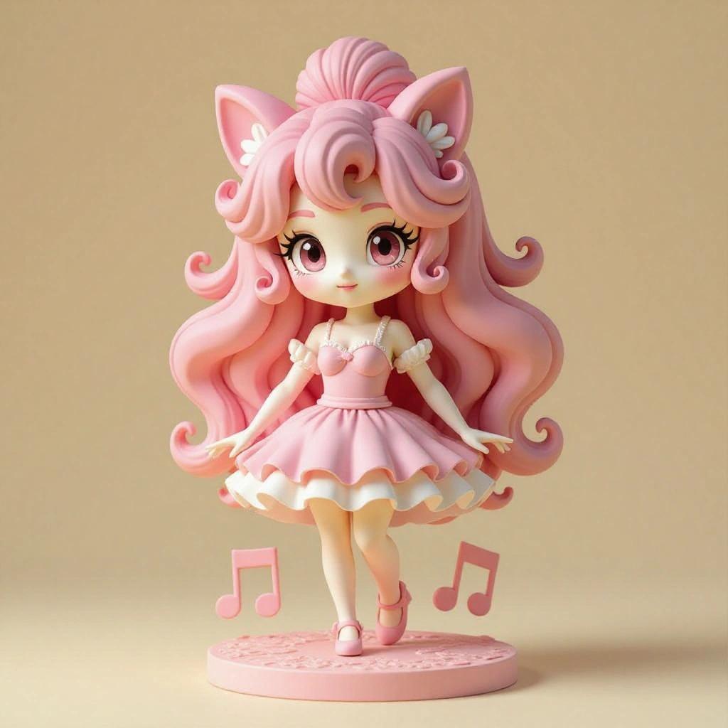 Stylized female figure inspired by Jigglypuff. Delicate face with expressive eyes. Sweet and charming expression. Wears a short light dress in pastel pink. Tulle details. Long wavy pink hair in a high bun. Solid base with musical motifs and a microphone. Rounded ears and a short tail. Ethereal and magical style.