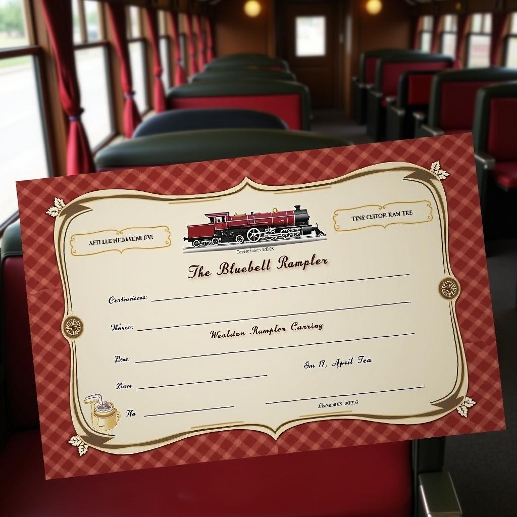 Create a gift certificate for parents with a vintage design. Focus on a 1950s theme. Include details like The Bluebell Railway and Wealden Rambler Afternoon Tea at 13:45 on 17 April 2025.