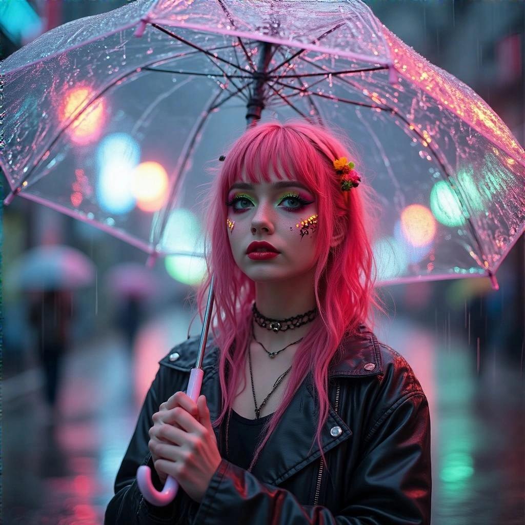 A person with pink hair and neon makeup holds a transparent umbrella in the rain. Colorful lights illuminate the scene. Rain creates reflections on the ground. The person wears a dark outfit with edgy accessories.