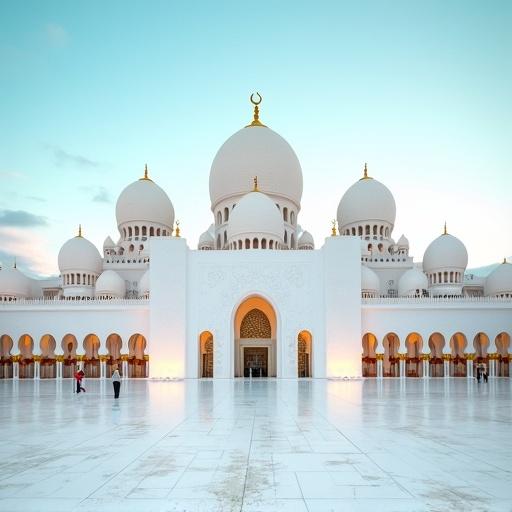 Grand white mosque with domes and decorative accents. Turquoise and yellow elements are visible. Soft lighting during sunset adds warmth. People explore the mosque grounds.