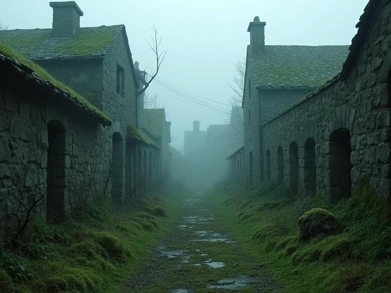Abandoned village in Galicia covered in moss weeds mist. Path runs between stone houses creating eerie silence and forgotten feels. High detail cinematic tone cold colors.