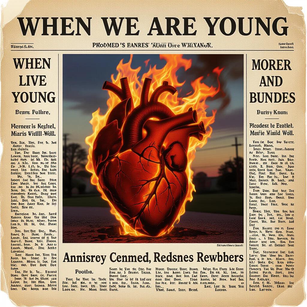 A giant heart burns in flames. The heart is in the center of an old newspaper page. The headline reads 'When We Are Young'. Vintage newspaper layout with dark tone.