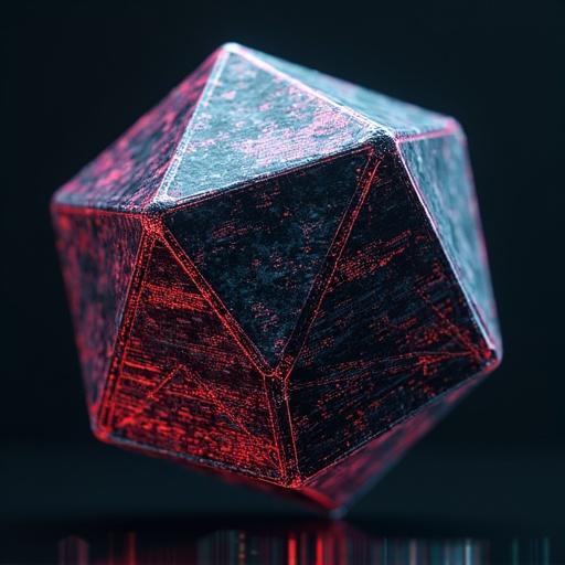 3D shape is an icosahedron. Each face displays corrupted binary code pixelated flesh texture wireframe grid. Shape floats in void. Faces are sharply separated. Style reflects Cyberpunk 2077 UI errors.