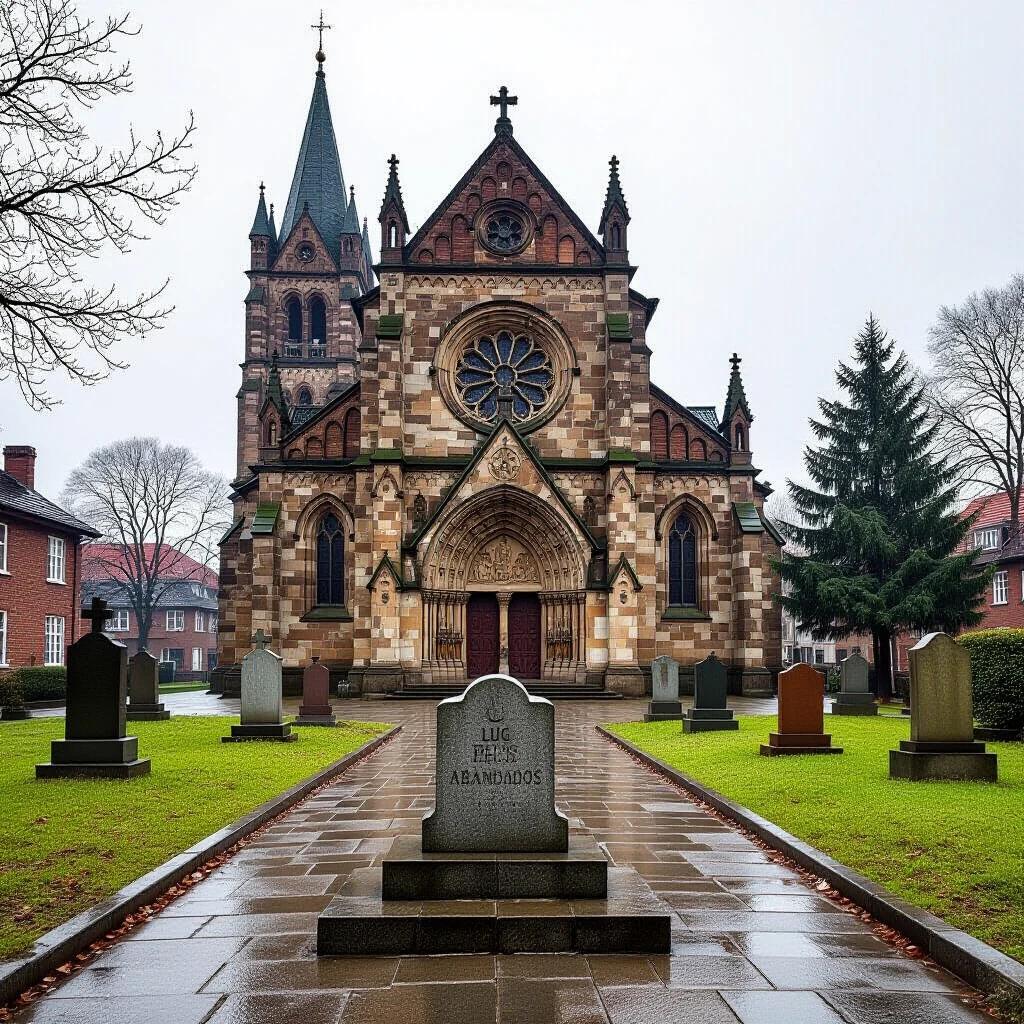 Image shows an ancient church that looks a bit worn. The entrance is open, inviting people. In front of the church is a graveyard with a tombstone reading 'LUG RES ABANDONADOS'. A lion walks towards the tombstone. The sky is overcast, creating a heavy atmosphere. Overall tones are dark, giving a quiet yet uneasy feeling.