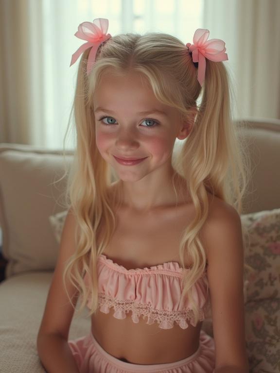 Youthful child with long blonde hair styled in twin tails with pink bows. Sitting on a sofa in a soft-lit living room. Wearing a crop top and pale pink skirt. Flirty smile. Thigh-high socks with lace detail. Simple black shoes. Aesthetic features of low resolution and over-saturation.