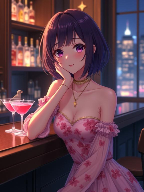 Anime illustration of a woman with short dark violet hair. She has large violet eyes and fair skin. She is in a sophisticated bar wearing a soft pink off-the-shoulder dress with floral patterns and delicate jewelry. The scene features pink cocktails and a cityscape background. The ambience is moody and intimate with warm lighting. High-quality digital art with detailed features.