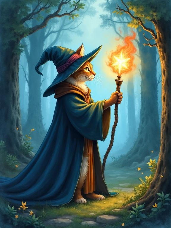 A cat dressed as a wizard is holding a glowing wand in a mystic forest. The setting has a magical atmosphere with softly lit surroundings. The cat wears a blue wizard hat and cloak. It stands majestically on a path surrounded by ethereal light and trees.