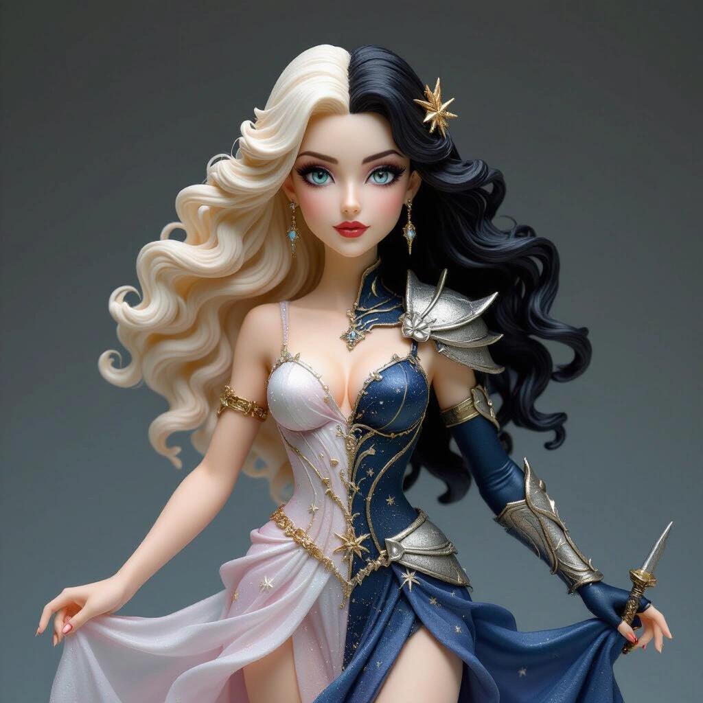 Resin figure of Gemini goddess. Inspired beauty with dual energies. Left side is tender with soft dress and sweet expression. Right side is dark, intense with armor and weapon. Pose is balanced, one leg forward, one hand with flower, other holding dagger. Base has light and shadow duality.