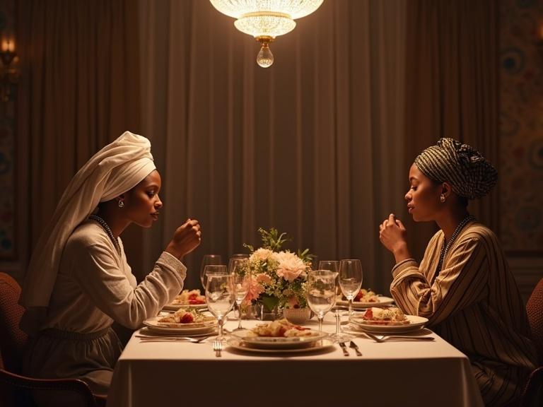 Image of two women in a luxury dining setting. They are seated at a beautifully set table with food and flowers. A conversation is taking place between them. The atmosphere is warm and inviting.