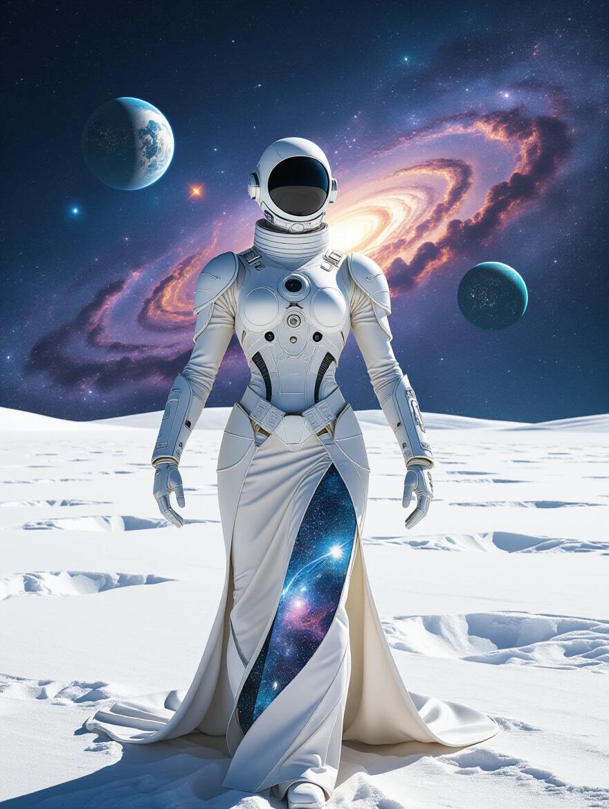 Show a mastercrafted humanoid being in a cosmic landscape. The figure wears a futuristic white suit and a flowing dress that showcases the Milky Way. Snow covers the ground. Celestial bodies surround the figure. Bright stars illuminate the background.