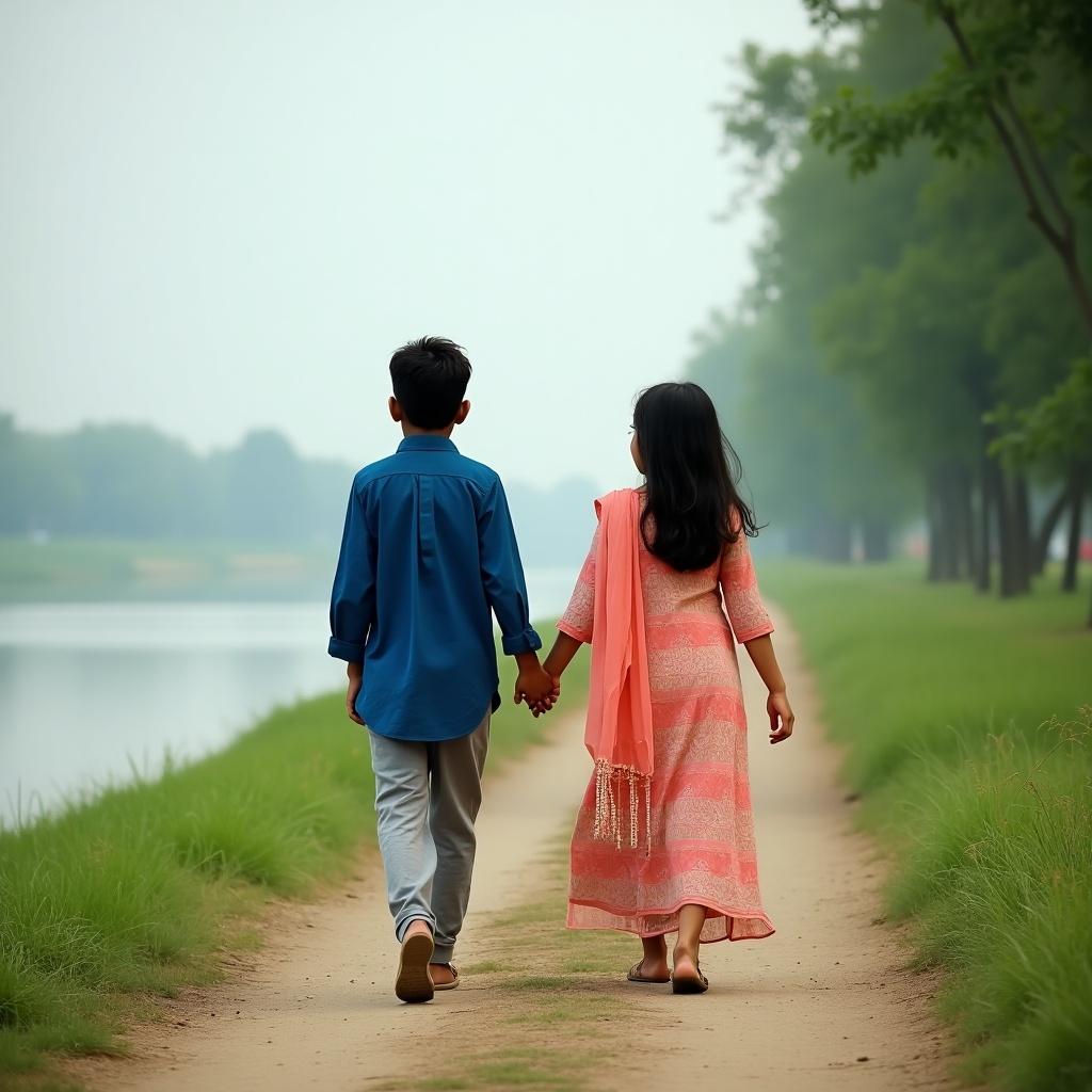 Children walk along a path by a river. A boy in blue shirt and grey pants holds hands with a girl in a traditional outfit. Focus is on them as they walk together. The setting has green grass and a tranquil atmosphere.