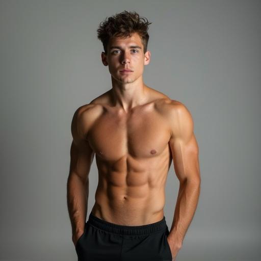Fit teen boy with a toned physique. Front-facing view under soft lighting. Model wearing athletic shorts and showcasing muscle definition.