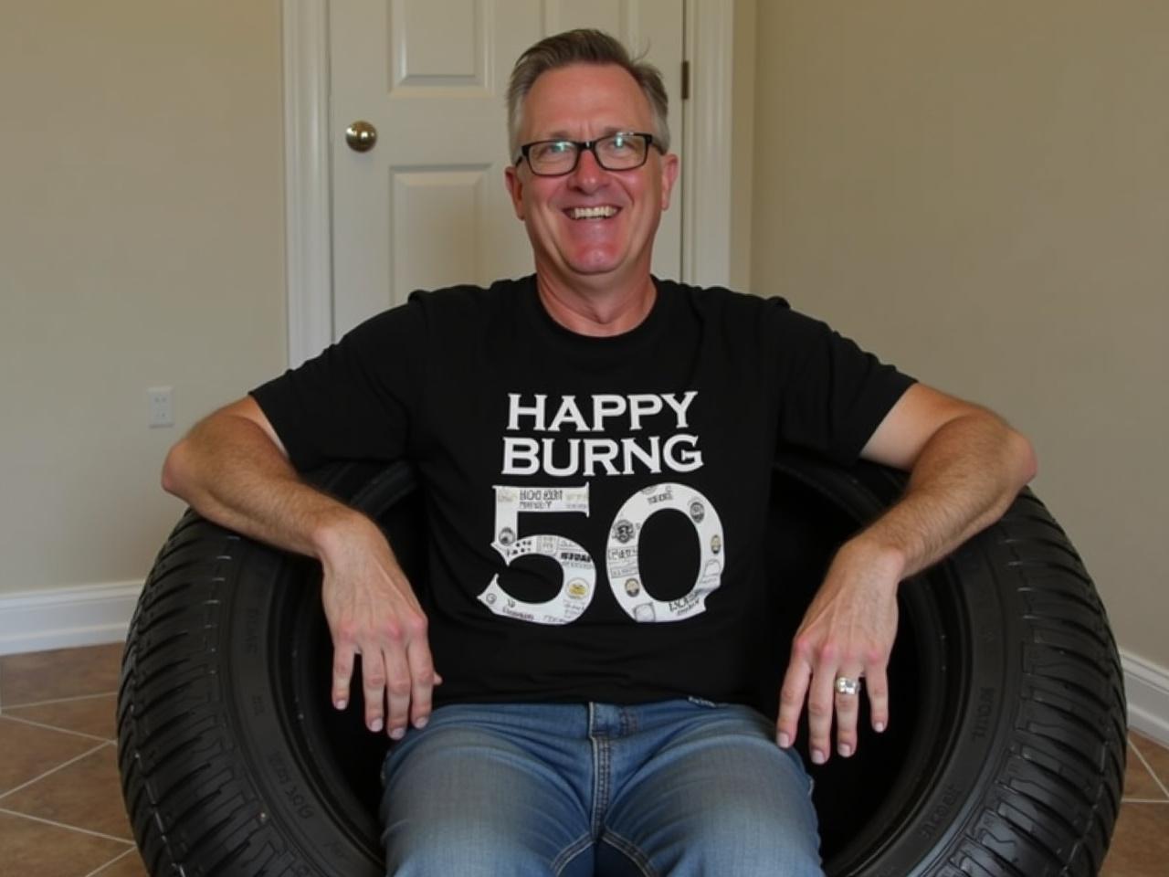 A middle-aged man is sitting comfortably in a unique chair made from old tires. He is wearing a black T-shirt with white text that celebrates turning 50. The room has neutral-colored walls, and the man is smiling, exuding a friendly vibe. His glasses highlight his cheerful expression, and his hair is neatly styled. The floor features a subtle tiling pattern, adding a homey touch to the setting.