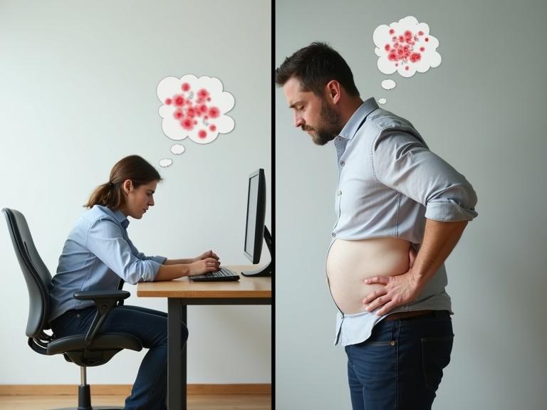 Split image portrays a stressed individual working at a desk. The left shows a person with a tense posture typing at a computer. The right displays the same person showing visible belly fat. A thought bubble illustrates cortisol molecules above the stressed individual.