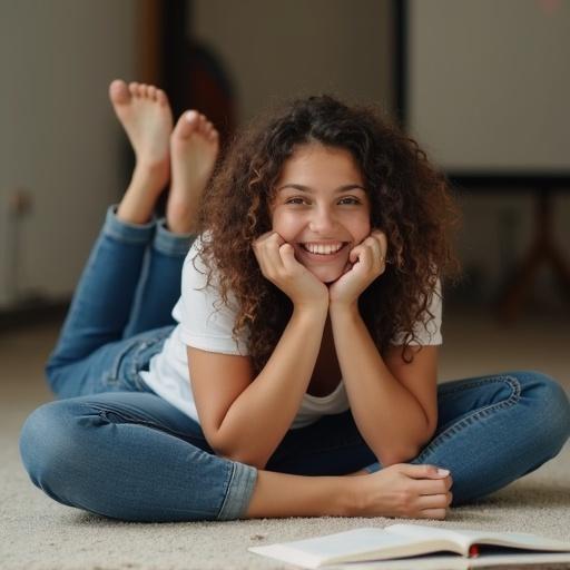 Woman sitting with her legs crossed wearing jeans. She is smiling with her hands on her face looking relaxed. The setting is casual with a book on the floor. Soft light illuminates the scene.