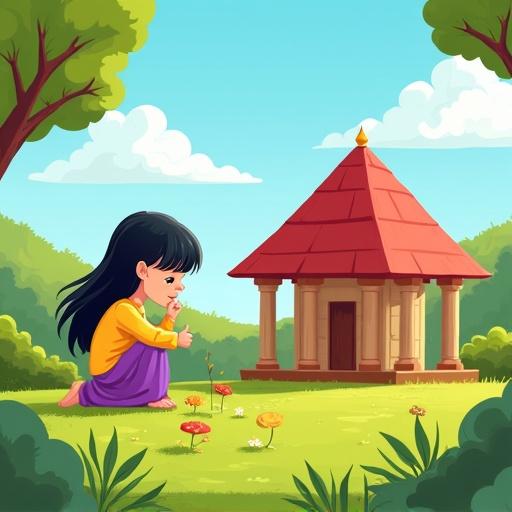 Illustration of a cartoon-style cover for a children's book. Scene features a faceless girl with black hair in a yellow top and purple skirt kneeling on grass. She is building a house with a red roof and pillars. The background includes trees and hills with a bright blue sky and white clouds. The style is vibrant and playful with an empty space for a title.