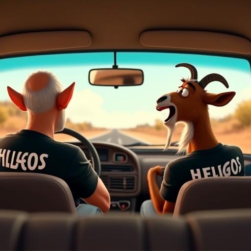 Cartoon style with Pixar or DreamWorks influence. Show interior of car from back seat. Driver is an older man with protruding ears and nearly bald. Wearing black t-shirt with bold white text HELGOS. In passenger seat, a humanoid goat male with goat head and short horns. Goat wears matching black t-shirt with HELGOS. Goat has a wide open mouth as if singing or yelling joyfully. Expressive humorous pose. Bright daylight and fun atmosphere in cartoon style.