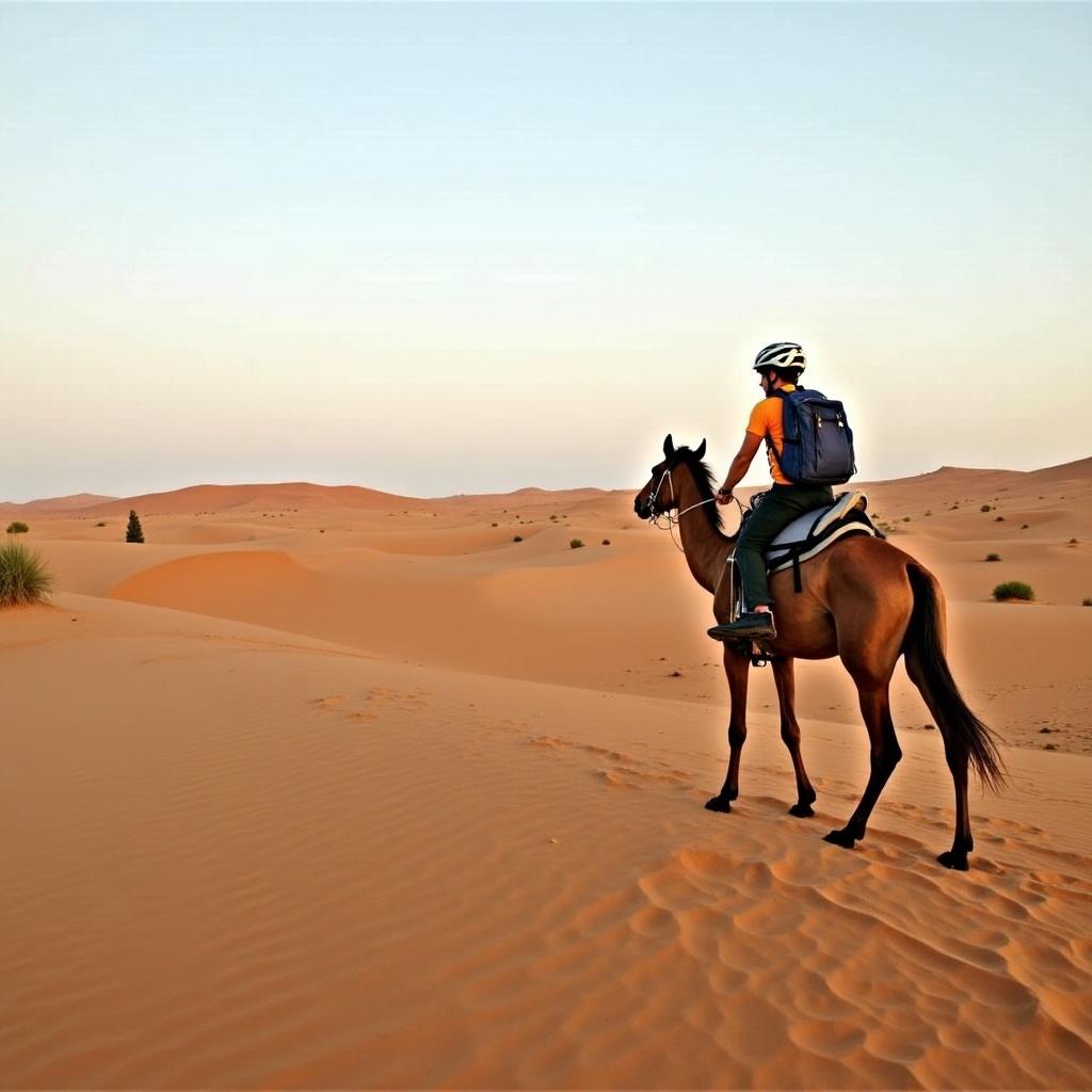 Person riding a horse in a desert landscape during sunset. Sandy dunes in the background. Warm colors of the sky. The rider is dressed casually with a backpack and a helmet. Horse is standing still, looking towards the horizon.