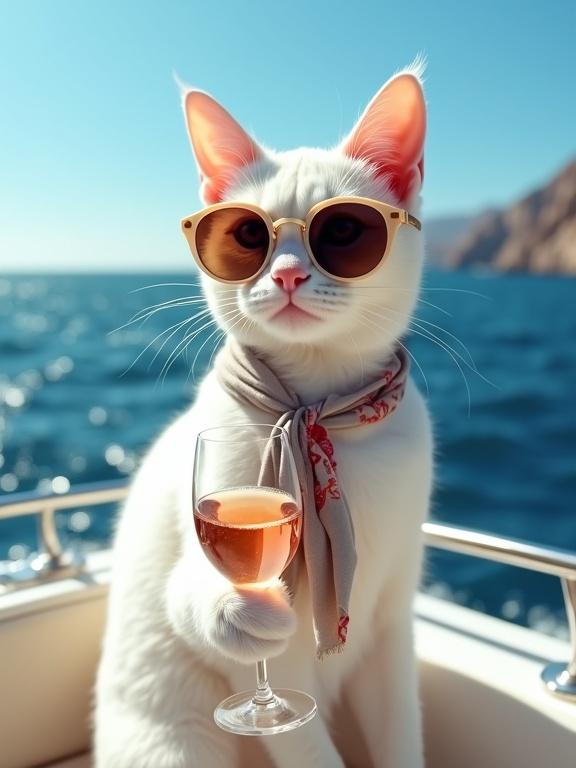 Humorous scene with a white cat on a boat. Cat has sunglasses and a scarf. Relaxed posture. Cat holds a wine glass. Ocean waves in background. Bright sunny day. Luxury vacation vibe.