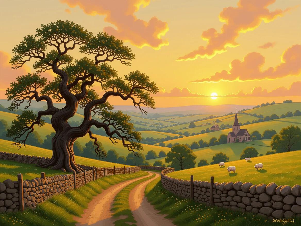 Digital painting of a pastoral English valley at sunset. An ancient oak tree with gnarled branches stands by a winding path. Rolling green hills and grazing sheep fill the foreground. In the distance, a village church with a pointed spire is visible. The sky is amber and rose, creating an ethereal glow. The scene conveys a spiritual atmosphere.