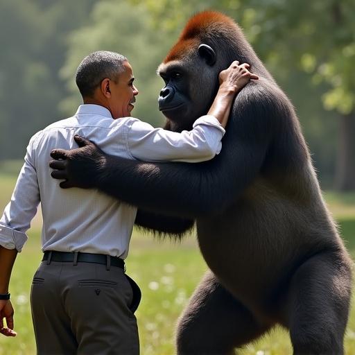 A person interacting with a gorilla in a natural setting. The person wears a light-colored shirt and appears engaged with the gorilla. The surrounding environment includes greenery and open space.