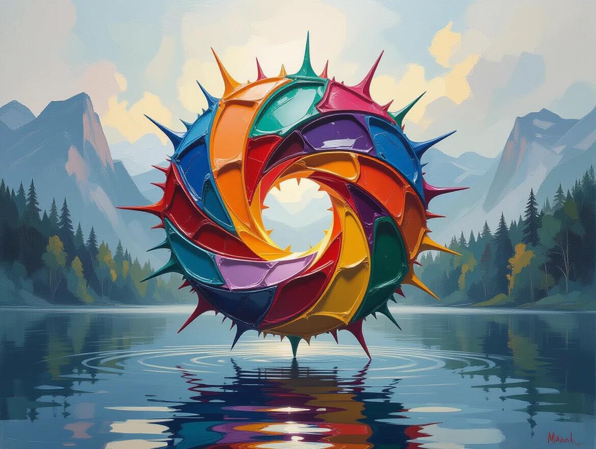 A vivid abstract sculpture not conforming to traditional shapes. It consists of sharp thorns and flowing curves. Gunmetal liquid appears underneath. The sculpture features bright colors adding dynamic movement. Thick brushstrokes create texture. The background includes serene nature reflecting the artistry.