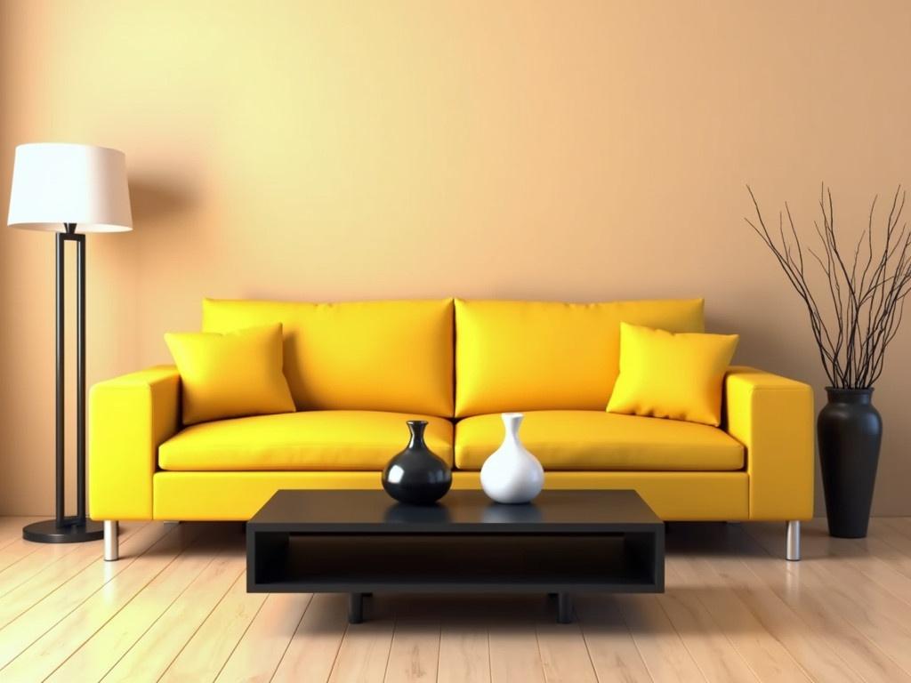 This image features a cozy living room setting with a modern design. The sofa is bright yellow, adorned with two comfortable cushions. In front of the sofa is a sleek black coffee table, which complements the overall aesthetic. There are two minimalist vases on the table, adding a touch of elegance to the space. To the side, a tall vase holds decorative twigs, enhancing the room's natural vibe. A stylish floor lamp with a white shade stands nearby, providing soft lighting. The walls are painted in a warm beige color, creating a welcoming atmosphere. The flooring is light wood, adding to the room's brightness. Overall, this space is designed for relaxation and comfort.