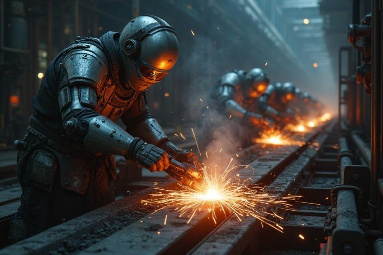 Cinematic view of robots in dark factory. They are welding silver military weapons. Assembly line process is visible. Sparks fly amidst steam. Focus on realism and textures.