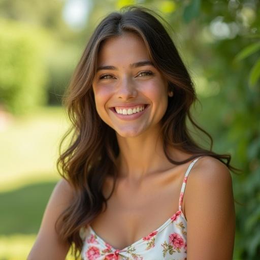 Bright lighting in Dubai city. Smiling woman with soft features. Floral dress contrasts against the lush green background. Cheerful and refreshing mood. Contemporary lifestyle photography inspiration.