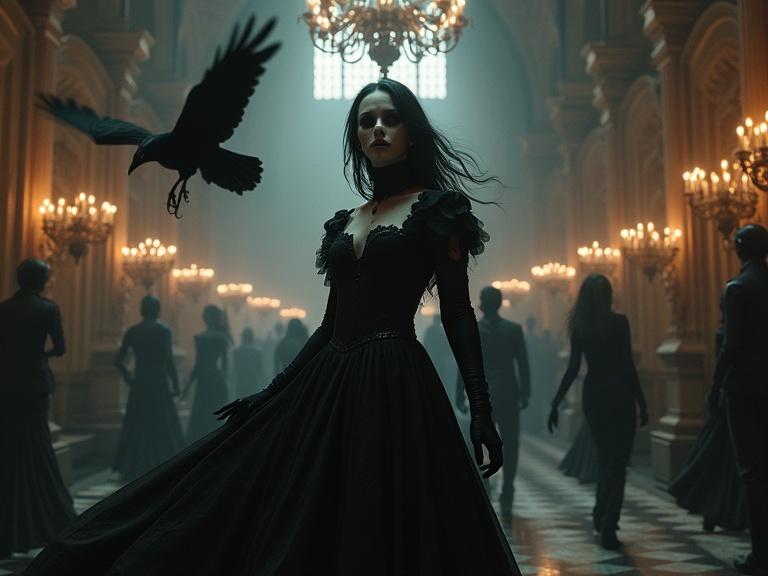 A woman in a black Victorian dress wearing a skull mask stands in a dimly lit ballroom. A flying crow is present. The scene includes dancing couples, ornate chandeliers, and detailed architecture with a sense of darkness and macabre.