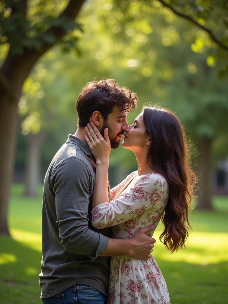 Couple sharing a romantic kiss in a lush green park under soft daylight