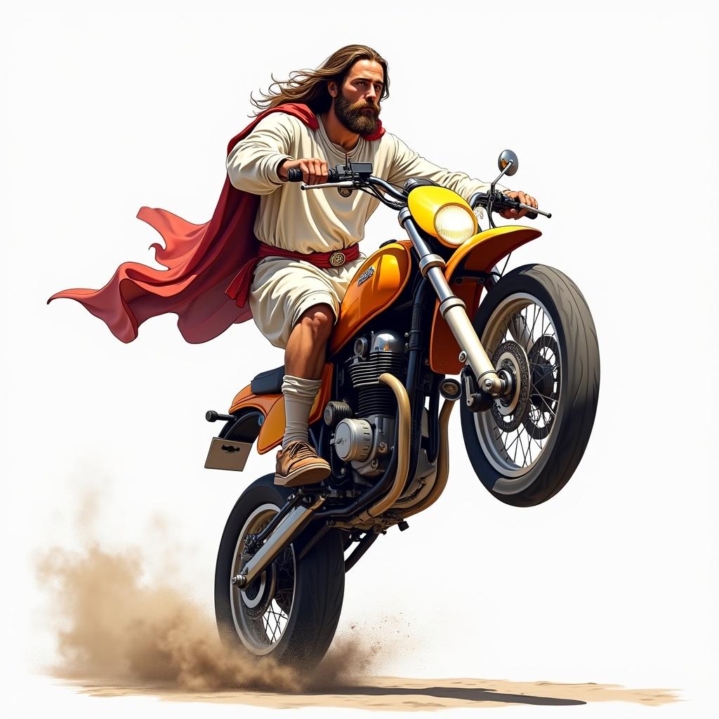 This image features Jesus Christ performing a wheelie on a sports motorcycle, showcasing a modern and dynamic portrayal of the figure. The scene captures the excitement of motorcycle culture merged with religious symbolism. Jesus is dressed in traditional garb, complete with a flowing cape, while executing an impressive stunt on the bike. The motorcycle is vibrant orange, contrasting against a plain background. Dust kicks up beneath the wheels, highlighting the motion and energy of the moment.