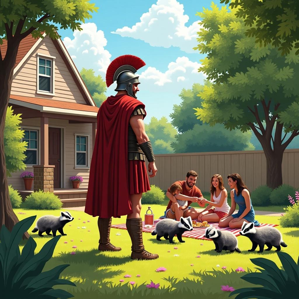 A Roman soldier stands in a modern suburban yard, observing a cheerful family enjoying a picnic with badgers around them. The soldier, dressed in traditional armor and a red plume, looks both confused and intrigued by the modern scene. The family, seated on a red-checkered blanket, appears relaxed and engaged in their activities. Lush green trees and a cozy house provide a picturesque background. The badgers playfully scavenge nearby, adding a whimsical touch to the scene. The contrast between the ancient soldier and contemporary family creates a humorous and engaging narrative.